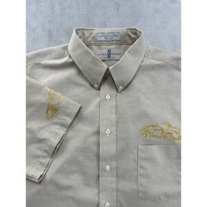 River Trader Oxford Shirt Men 17.5 XL Tan Wrinkle Free Car Embroidery made USA